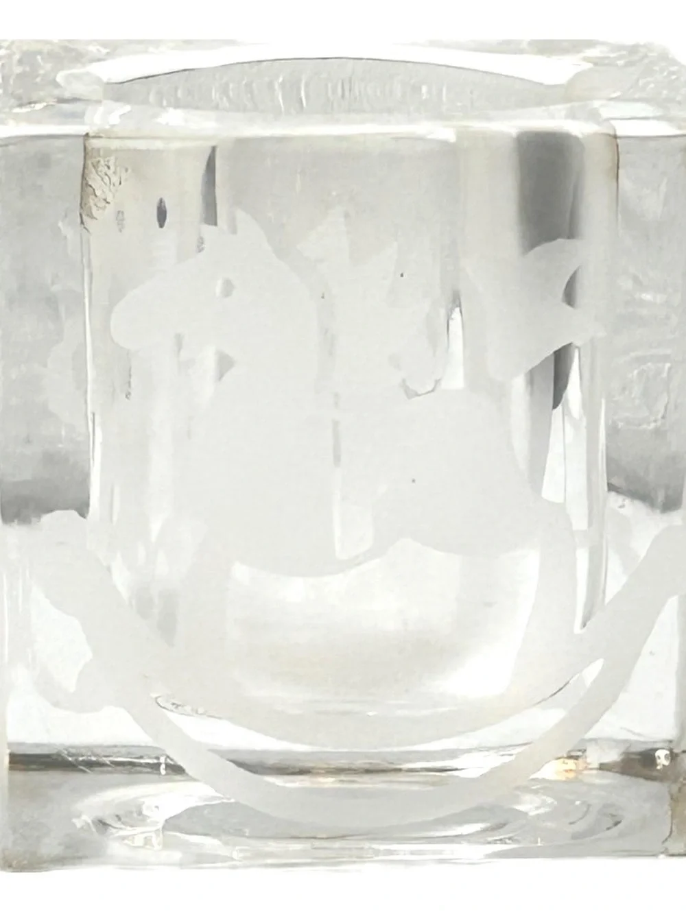 Clear Glass Candle Holder with Teddy Bear and Other Etchings, Square Design